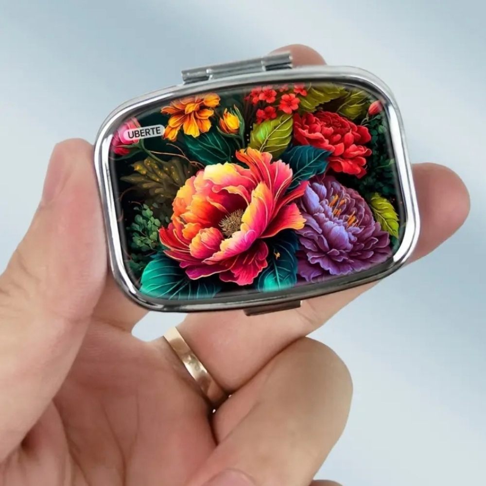 NEW! Beautiful Stain Glass Style Floral Compact Medicine Case